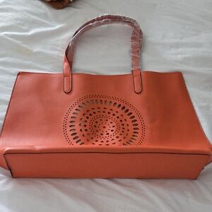 SOLD* Neiman Marcus Vibrant Orange Tote with Artistic Cutout